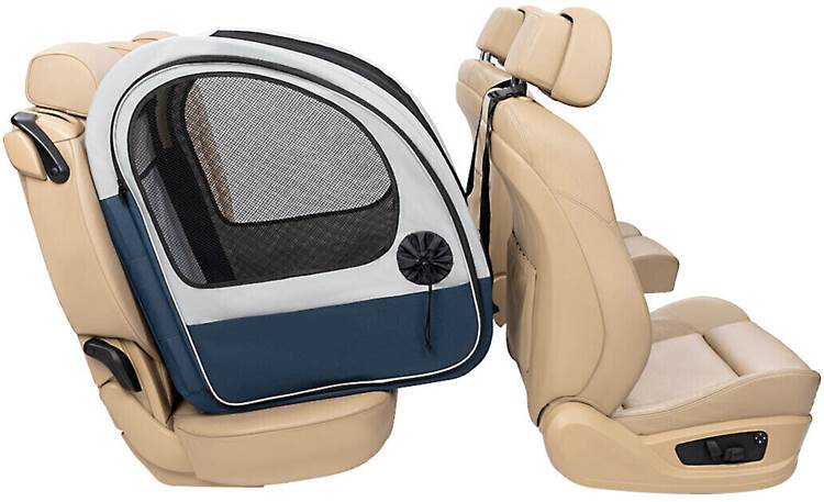 Pet travel crate properly installed in car